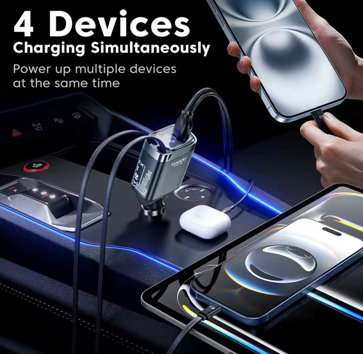 PlugAndDrive | מטען לרכב Toocki 105W – טעינה מהירה 4 ב-1 עם כבלים נשלפים