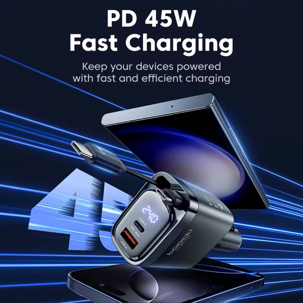 PlugAndDrive | מטען לרכב Toocki 105W – טעינה מהירה 4 ב-1 עם כבלים נשלפים