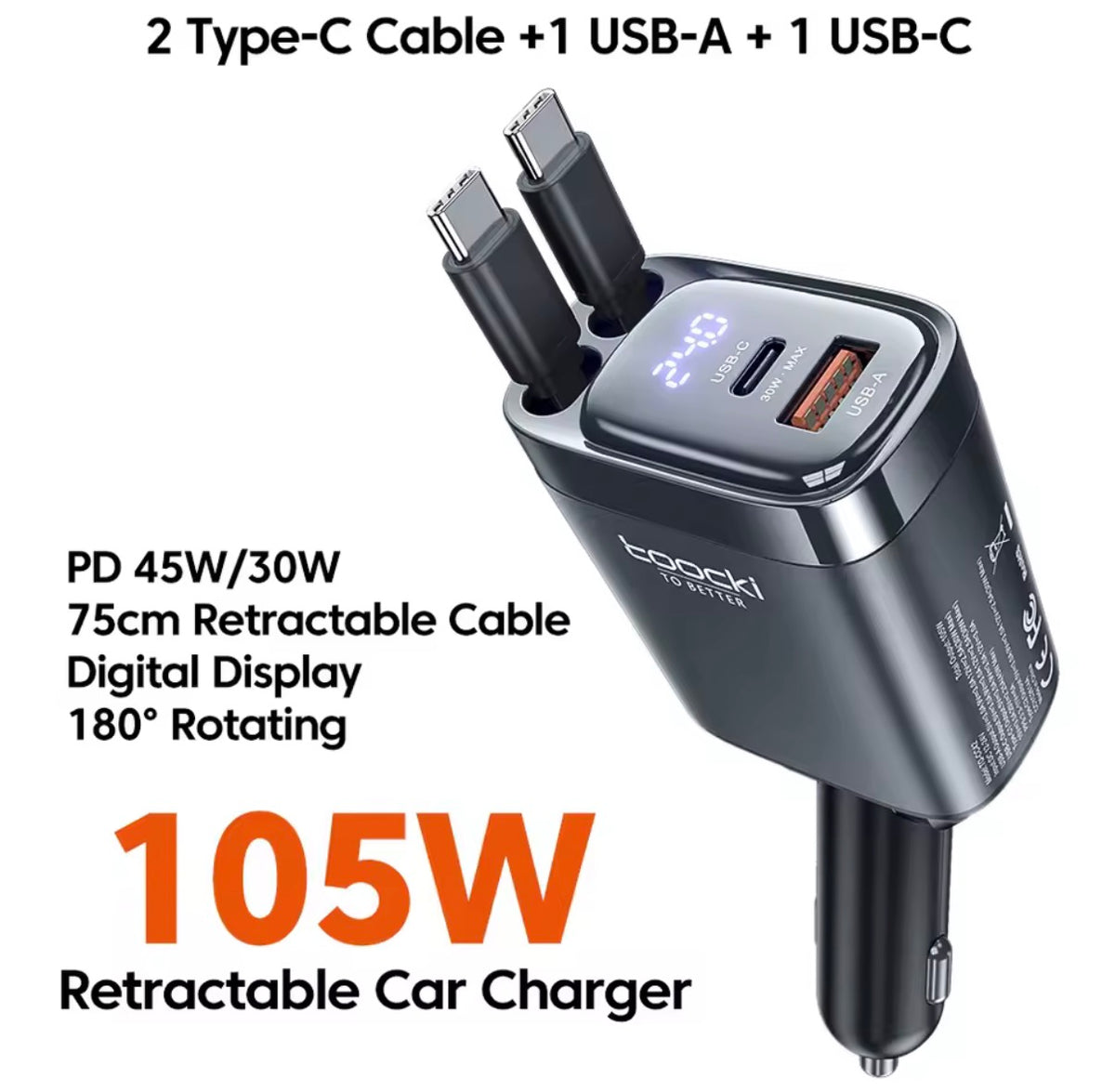 PlugAndDrive | מטען לרכב Toocki 105W – טעינה מהירה 4 ב-1 עם כבלים נשלפים