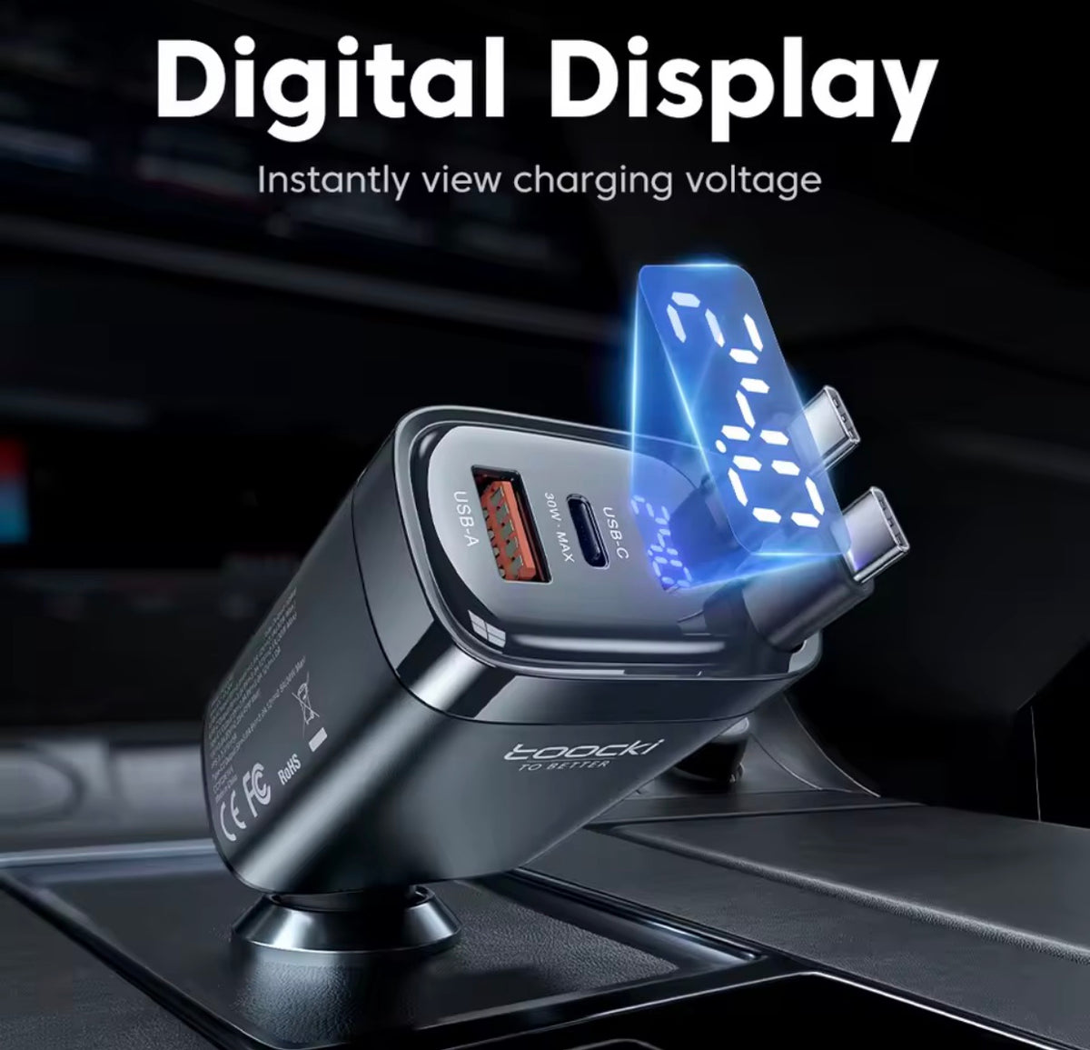 PlugAndDrive | מטען לרכב Toocki 105W – טעינה מהירה 4 ב-1 עם כבלים נשלפים