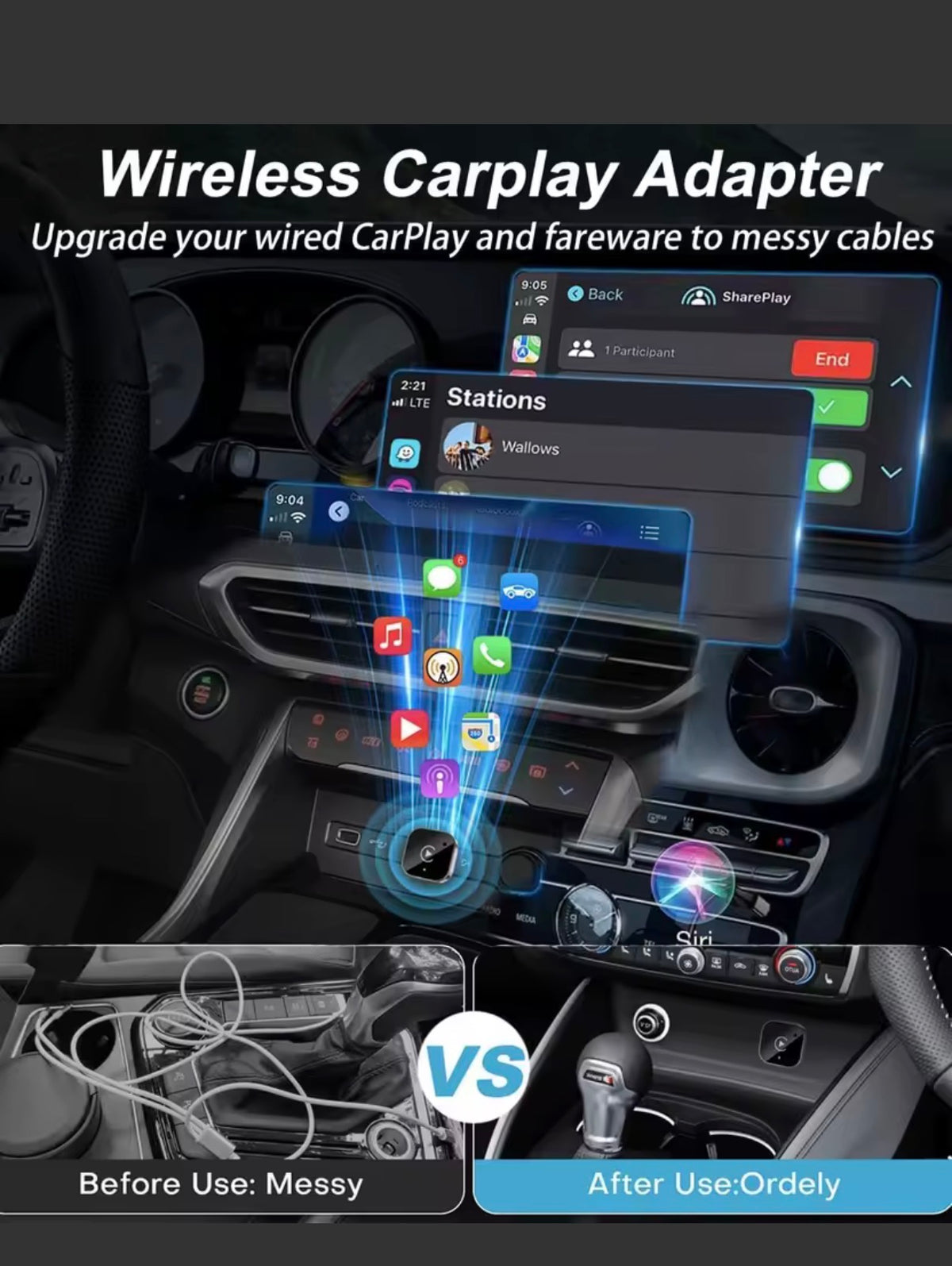 מתאם אלחוטי ל-Apple CarPlay ו-Android Auto