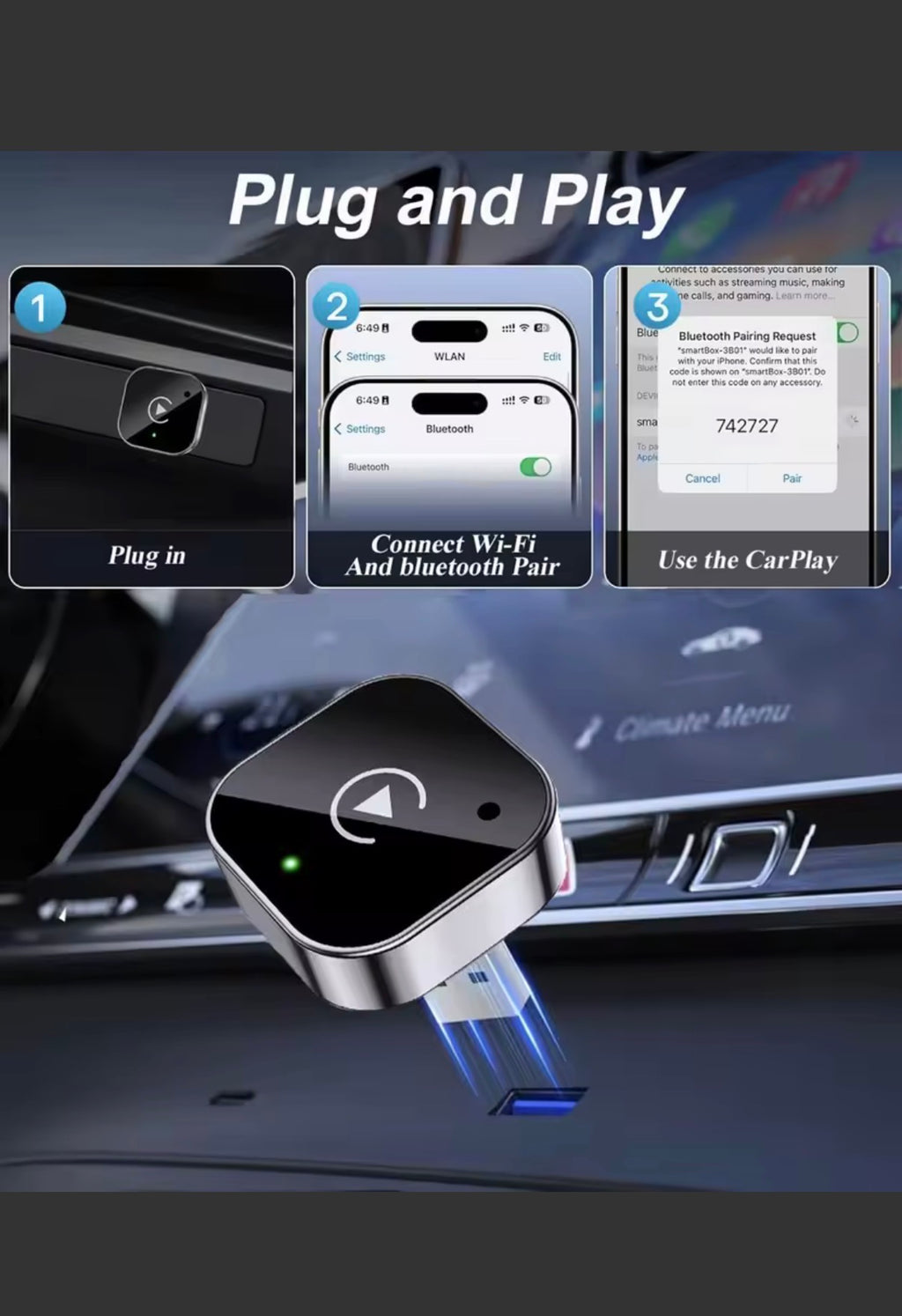 מתאם אלחוטי ל-Apple CarPlay ו-Android Auto