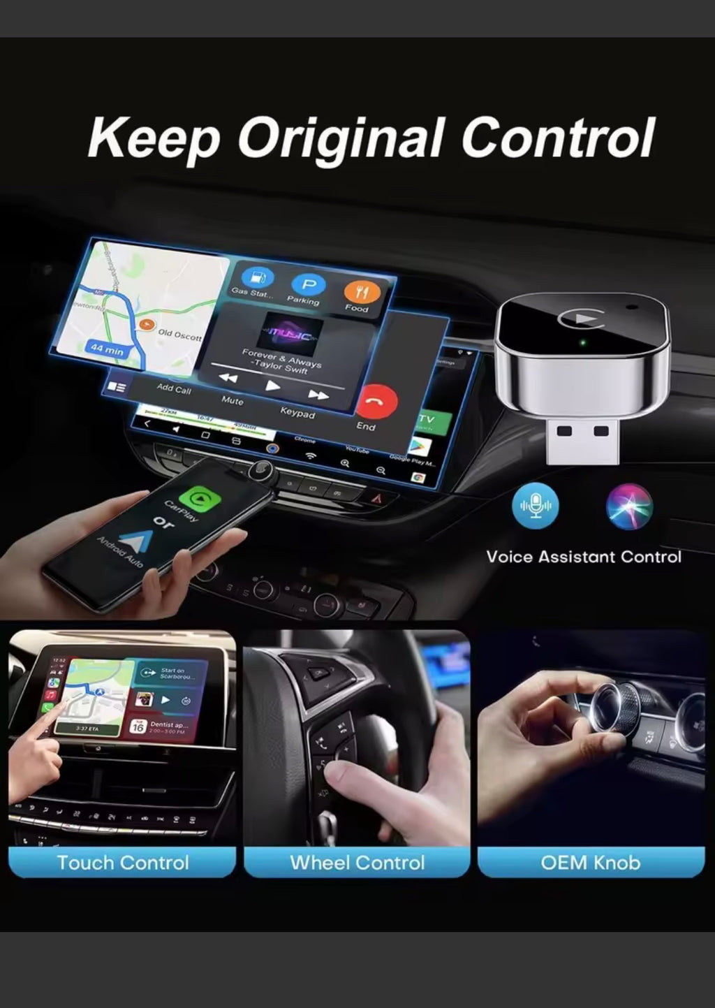 מתאם אלחוטי ל-Apple CarPlay ו-Android Auto